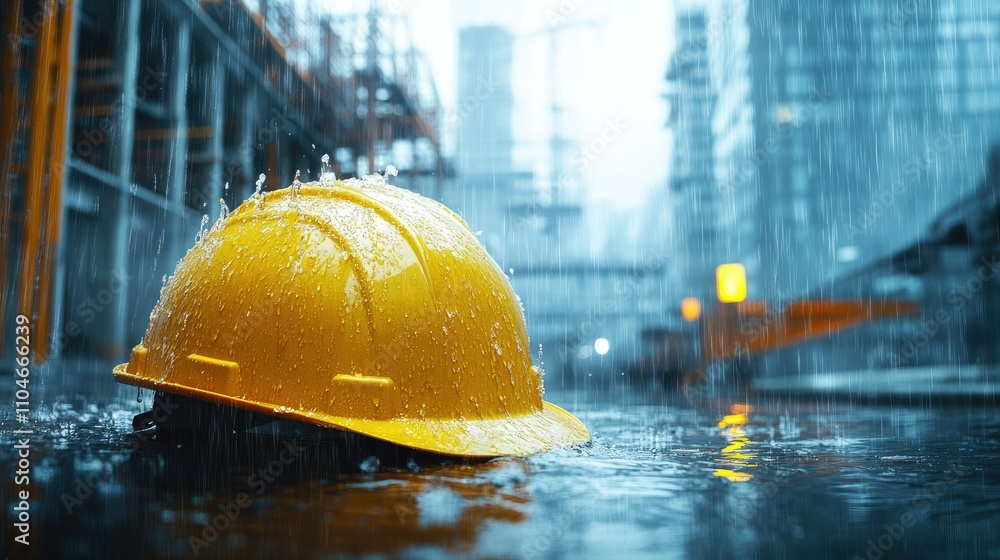 Poster in a rainy cityscape, water splashes off a hard hat as architectural blueprints get drenched, showca