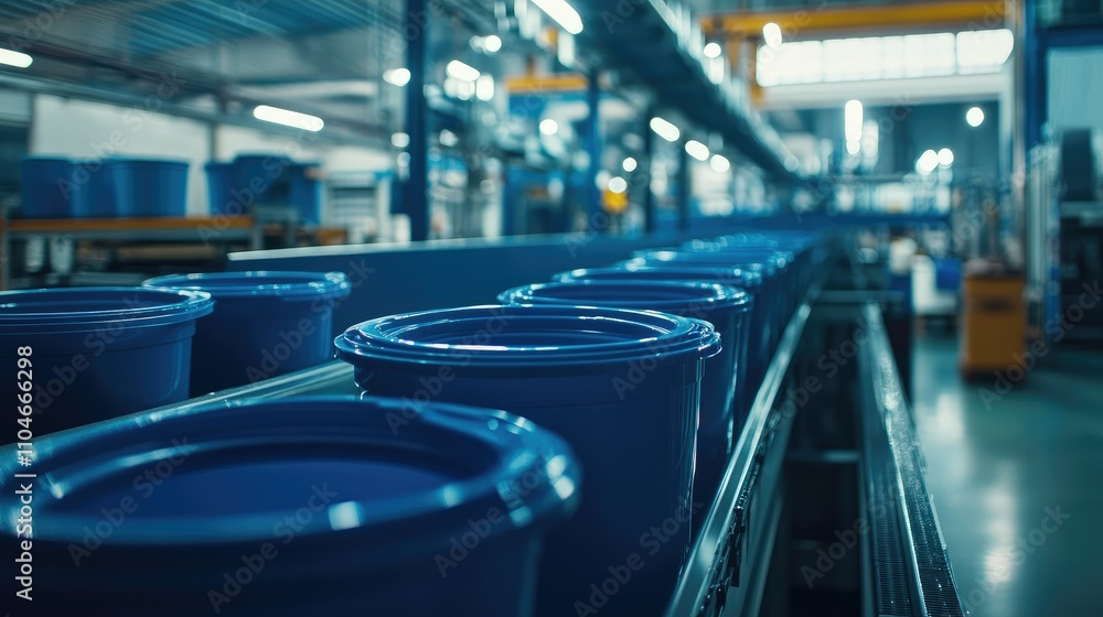 Poster inside a busy factory, blue plastic containers steadily move down the conveyor belt, illustrating th