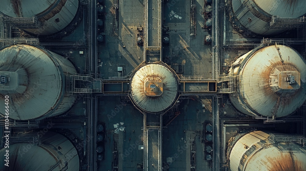 Poster overhead shot of large industrial storage tanks arranged symmetrically in a well-organized layout.