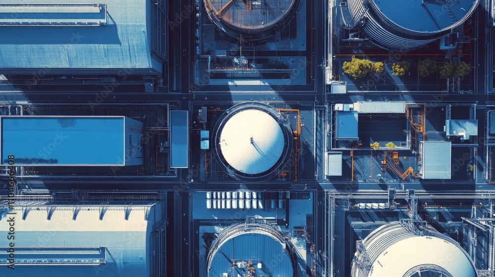 Poster overhead shot of large industrial storage tanks arranged symmetrically in a well-organized layout.