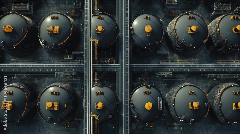 Poster overhead shot of large industrial storage tanks arranged symmetrically in a well-organized layout.