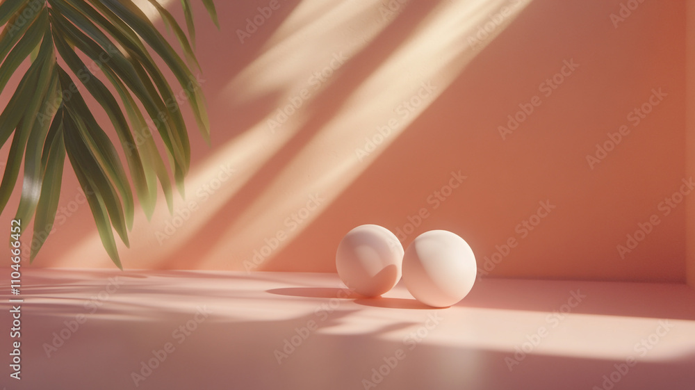 Poster soft light illuminates two eggs resting on a pastel surface with leaves in the background