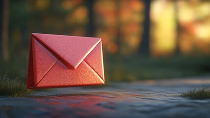 Bright red envelope floating above a lush green grass patch in autumn