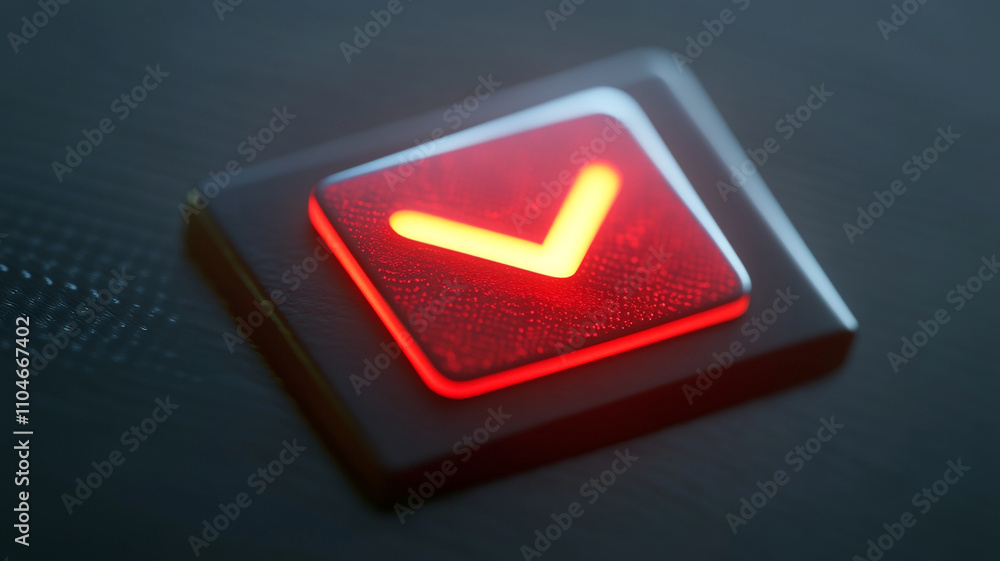 Poster illuminated red checkmark button on a dark background signaling affirmation and selection