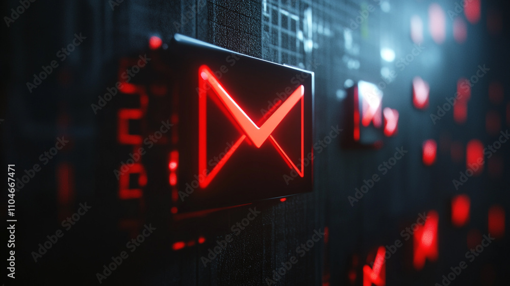 Poster digital interface featuring glowing red email symbol on dark textured background