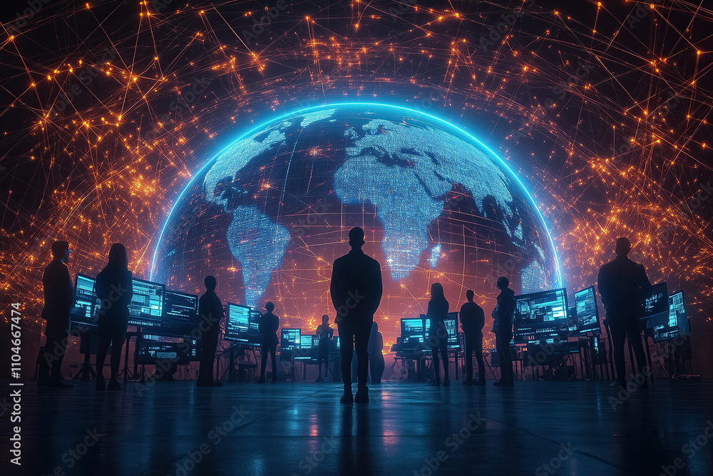 Poster advanced technology surrounds a digital grid globe as silhouettes interact with data and connections