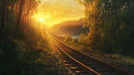 Fototapeta premium Train tracks fade into the distance, bathed in golden sunset light, as the serene forest whispers of journeys past, untouched by time.