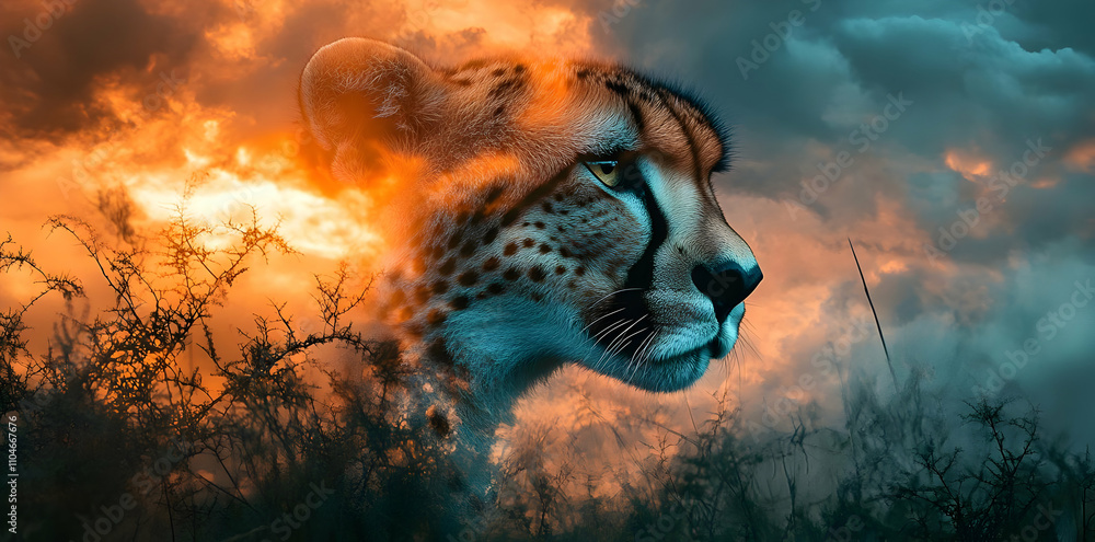 Poster A surreal image of a cheetah's head blending with a dramatic sunset sky.