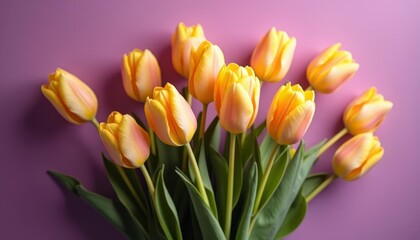 Bouquet of yellow tulips on purple background or Pink backdrop with bunch of golden-yellow bloss