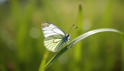 Fototapeta premium White butterfly on blade of grass or Butterfly perched on grass tip or Pretty butterfly in