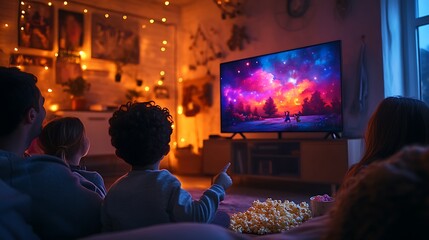 Obraz premium A joyful living room with a toddler energetically pointing at the TV screen, parents and siblings watching and laughing together, scattered popcorn, cozy warm lighting, vibrant cartoon on the TV,