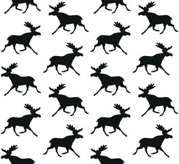 Vector seamless pattern of flat hand drawn running moose silhouette isolated on white background