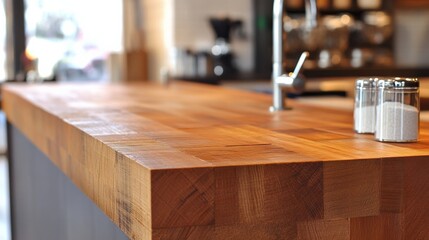 modern wooden kitchen countertop with condiments