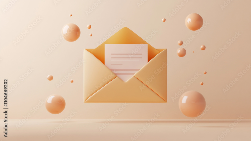 Poster envelope with letter and floating spheres in a modern, minimalistic setting