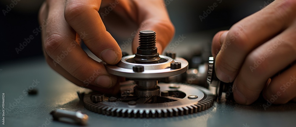 Aufkleber hands assembling mechanical gears and components in a workshop