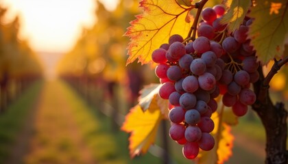 Fototapeta premium Vineyard at sunrise with hanging bunches of purple grapesSunlit path leading through the vines