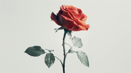 A beautiful red rose stands elegantly against a soft, muted background, highlighting its delicate petals and vibrant color.