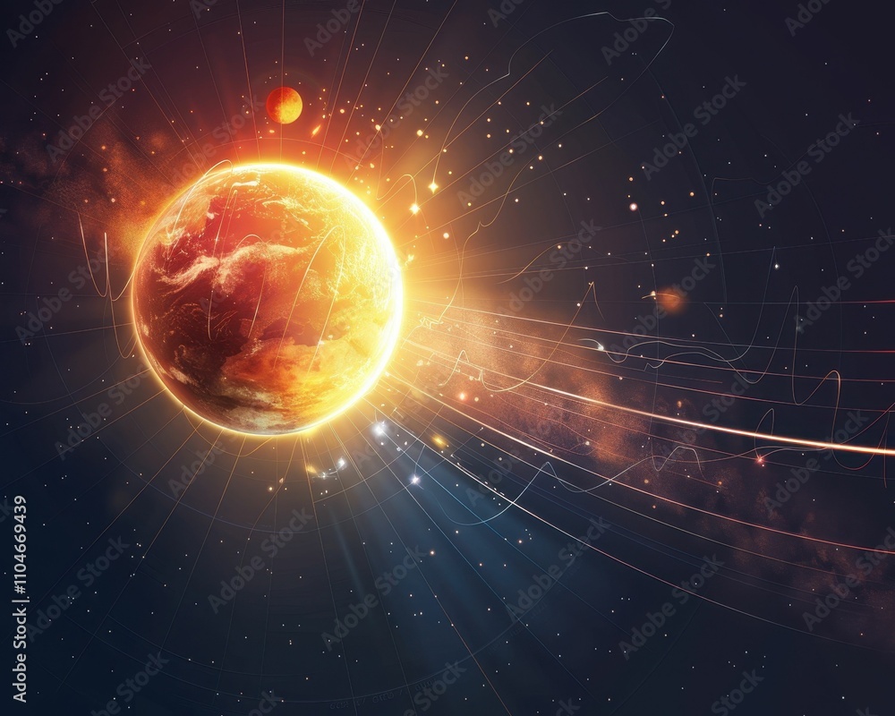 Poster a glowing planet surrounded by cosmic elements, showcasing a vibrant and dynamic space scene with st