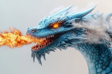 Excellent quality isolated image of a blue dragon's head spouting fire on a white backdrop. Generative Ai