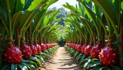 Obraz premium A path flanked by rows of red fruits on green foliage
