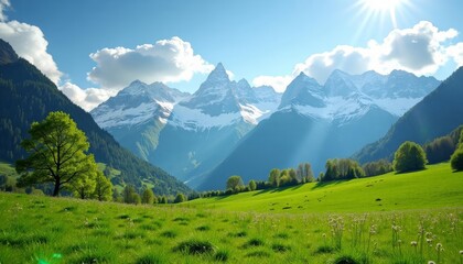 Mountains with snow in the distance, green grass on ground