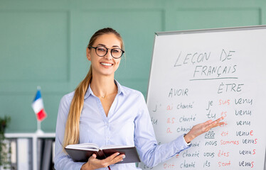 Happy French teacher explaining foreign language rules near blackboard indoors and smiling at...