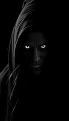 Mysterious witch with spooky eyes on dark background. Black and white effect isolated with white highlights, png