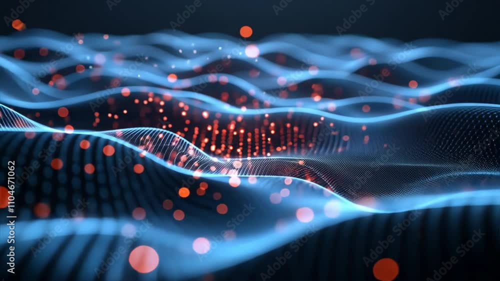 Poster mesmerizing abstract digital background of glowing waves and particles in blue and orange, showcasin