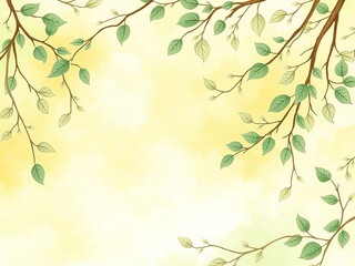 Fototapeta premium Soft yellow and green watercolor background with delicate leaf and branch patterns, botanical, branches, spring, gentle, floral
