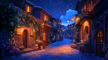 A detailed 2D computer game background featuring a stunning blend of natural and urban environments,