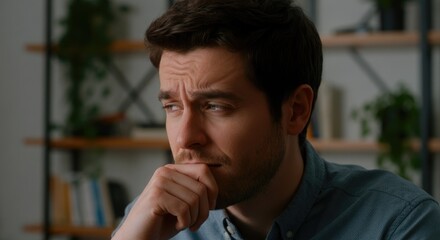 Naklejka premium Thoughtful Caucasian man with hand on chin indoors, pondering