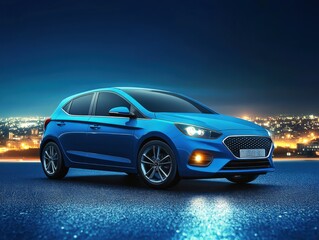 sleek blue hatchback car parked at night with city lights in the background
