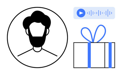 Mans profile avatar within a circular frame, adjacent to a audio message icon and a neatly wrapped gift box with a blue ribbon. Ideal for social media, user profiles, gifts, communication
