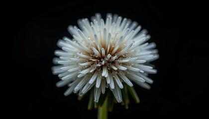A small white flower with a darker center, droplets of water on the petals, and long green stems against a black