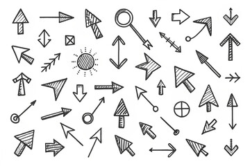 Fototapeta premium Hand-drawn sketch arrows, pointers, and cursor icons collection.