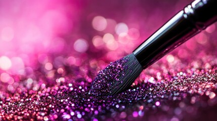 Shimmering brush resting on a vibrant array of pink and purple glitter, creating a dazzling makeup artist's dream. Perfect for beauty and creativity themes.
