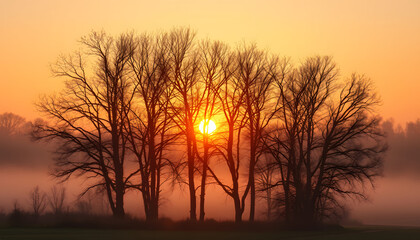 Naklejka premium Sunset behind trees a foggy morning upstate NY isolated with white highlights, png