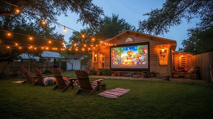Parents and kids enjoying a backyard movie night, lawn chairs and blankets spread on the grass, glowing string lights adding warmth, projector screen displaying a colorful animated movie,