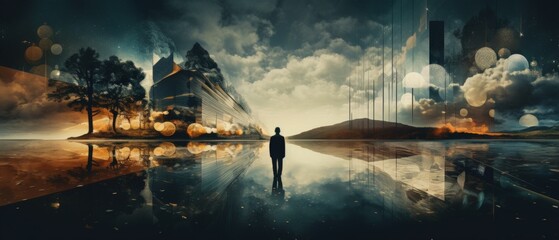 a person standing in a surreal landscape with reflections and abstract elements