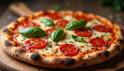A delicious homemade pizza with tomatoes and basil on a wooden board