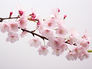 Fototapeta premium delicate cherry blossom branch with pink flowers against a light background
