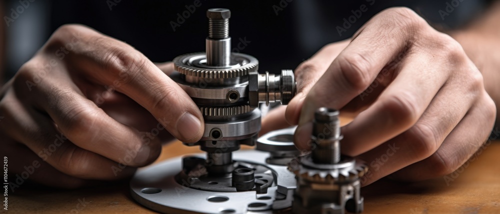 Poster hands assembling mechanical parts with precision tools