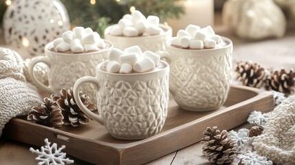 Fototapeta premium Capture a cozy scene featuring mugs of hot cocoa topped with fluffy marshmallows, beautifully arranged amidst charming winter decorations like pine cones, snowflakes, and warm blankets