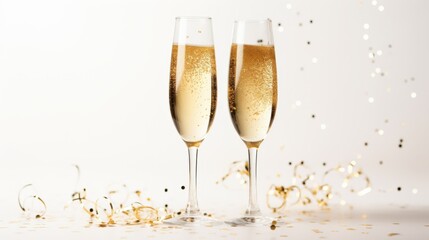 two champagne flutes with sparkling drink and festive decorations