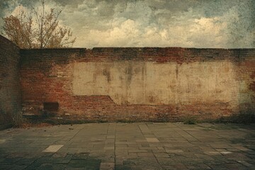 Obraz premium abandoned urban space with weathered brick wall and cloudy sky
