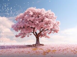 beautiful cherry blossom tree in a serene landscape with petals falling