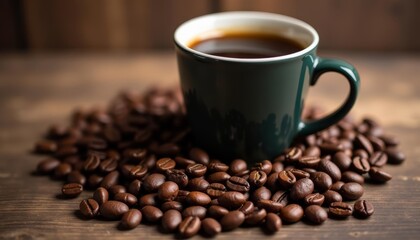 A cup of coffee on a wooden table, Coffee beans in front of coffee, Cup is