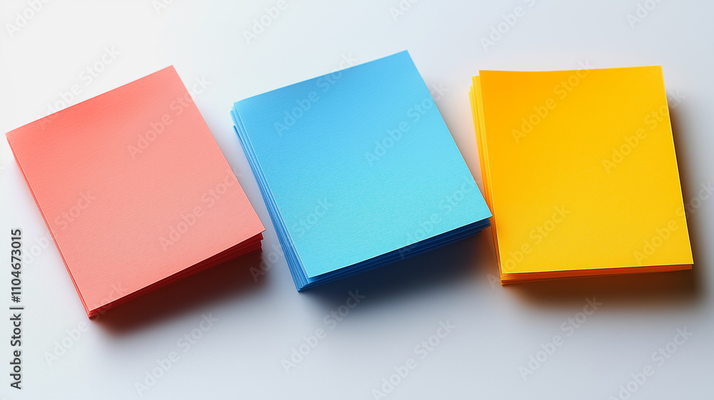 Poster three colorful sticky notes are arranged in a row on a white surface. the notes are pink, blue, and 