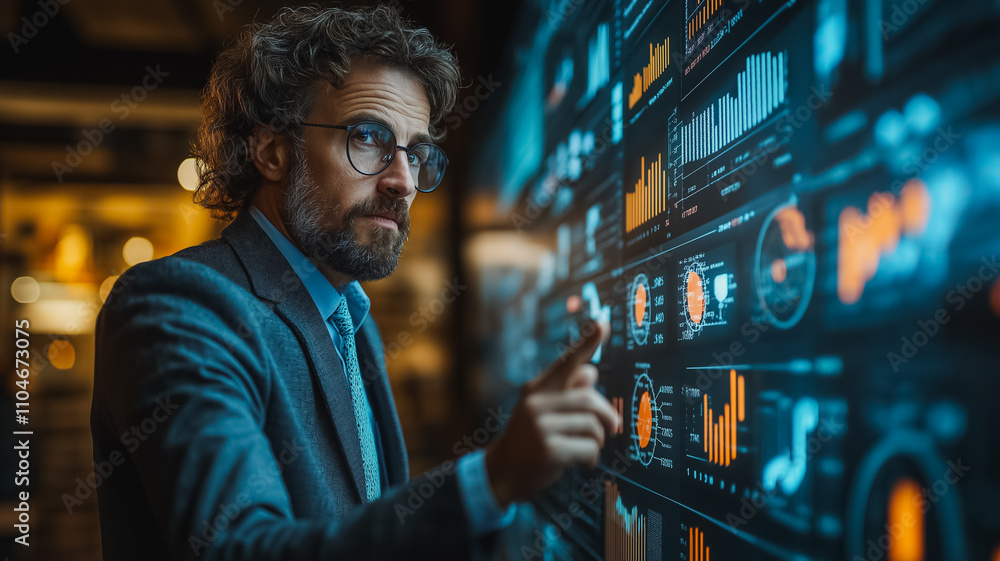 Poster a man in a suit pointing at a computer monitor displaying graphs. concept of importance and focus as