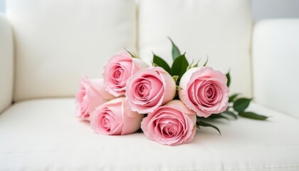 Pink roses with green leaves resting on white cushion